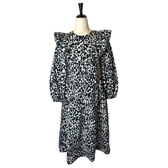 Sandy Liang Dress Women XXS Black White Cotton Leopard Print Ruffle Midi NWT - Picture 3 of 15
